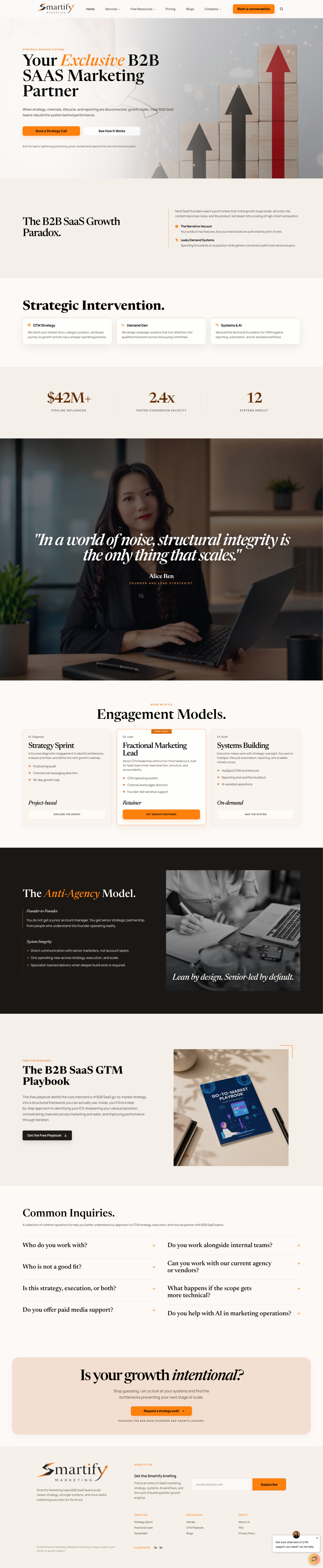 Homepage with editorial hero, service cards, proof sections, and conversion CTAs.